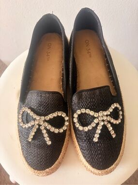 ON34TH Black Raffia Espadrille Loafers with Crystal Bow